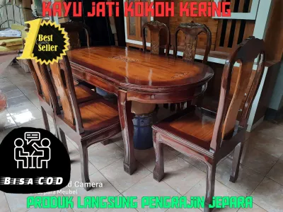 Meja makan oval jati 6 kursi dan kaca