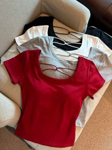 GUZILIAN | Summer Short Sleeve T-Shirt Womens Backless Design Pure Color With Chest Pad Slim Fit Sweet Style Back Beauty Top