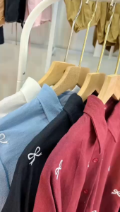 ByAidi - Kemeja Wanita Linen Bordir Pita - Atasan Wanita Lengan Panjang - Blouse Korean Style Wanita Oversize