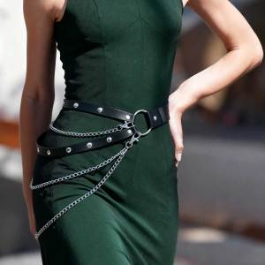 Womens Black Studded Belt with Chain - Punk Rock Style Adjustable Leather Waist Belt with Hanging Chains Perfect for Dresses