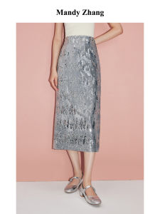 Silver Gray Velvet Sequin Half Skirt Slim High Waist Winter Dress