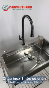 Chậu Rửa Chén Bát Inox Xước Có Chân 75x46cm Kèm Vòi Dây Rút Lạnh - Mua bộ có vòi Tặng 3 món phụ kiện