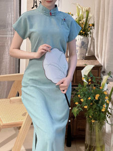 Retro Style Cheongsam Young Girls Summer New Chinese Style Midi Dress Button Waist Cinched Skirt Breathable Short Sleeve Gown