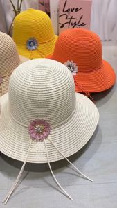 หมวกสานทรงกลม [รุ่นA149] แต่งโบว์เชือกดอกไม้หลากสี สดใส พร้อมส่งจากไทย