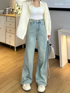 สูง เอว ขากว้างปัก กางเกงยีนส์ ผู้หญิง พลัสไซส์ หลวม กางเกงทรงตรงทรงสลิม ฤดูใบไม้ผลิ ฤดูใบไม้ร่วง เดนิม กางเกงขายาว ทันสมัย พลัสไซส์
