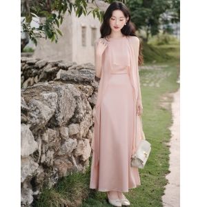 Gorgeous Sash Long Drifting Belt Dress Pink Elegant Waist Inward Daily Wear Light Ceremony Summer Dress Commute Style H Version
