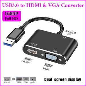 USB to HDMI VGA Converter  3 in 1 Adapter 1080P Video Audio Splitter Converter wiht 3.5mm Audio Projection Monitor Laptop Expansion VGA Adaptor HDMI Cable Connection TV Projection