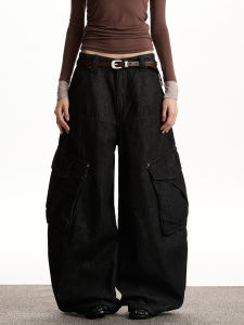 VATTY American Retro Workwear Jeans Womens Loose Straight Leg Wide Pocket Denim Pants Street Style Casual Cotton Jeans