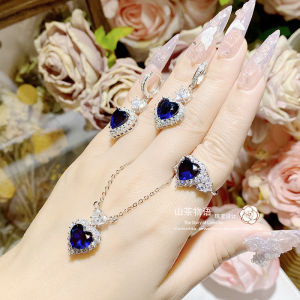 Camellia Tiktok Bestselling Heart-Shaped Diamond Embedded Blue Sapphire 3-Piece Set Earrings And Ring Fashion Jewelry