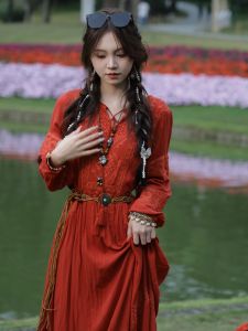 Bohemian Style Long Dress Embroidered Vintage Heavy Work Skirt Large Swing Red Dress Long Sleeve Loose Waist Spring Summer Autumn