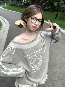 เสื้อสเวตเตอร์คอวีแขนยาวผ้าลูกไม้สุดน่ารักสำหรับผู้หญิงในฤดูใบไม้ร่วงและฤดูหนาว ทรงหลวม สไตล์หวานๆ สบายๆ แขนกุด