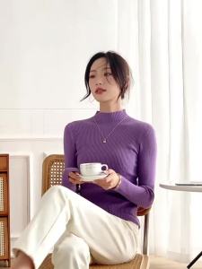 Elegant Niche Design Semi-High Neck Knit Fitted Long Sleeve Wearable Layer Sweater