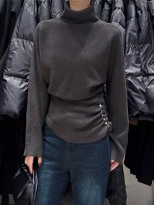BINKAFENNY | Womens High Collar Knitted Sweater Button Detail Waist Cinching Side Gathered Design Autumn Winter Top Korean Style Slim Fit