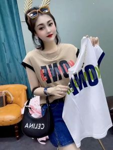 European Style Letter Print Cotton Short Sleeve T-Shirt Women Summer New Loose Lace Hollow out Back Top Street Fashion round Neck