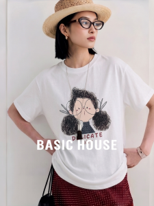 Basic House | White Round Neck Printed Loose Youthful T-shirts