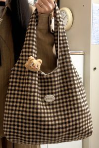 Dung Tích Lớn Vải Tweed Túi Đeo Vai Đơn Dành Cho Nữ Sinh Viên Lớp Retro Kẻ Caro Túi Xách Len Túi Tote Túi Mua Sắm Thoải Mái