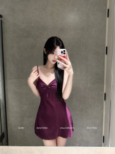 Romantic Style Satin Ice Silk Sleep Dress with Chest Pad And Bow Knot Strap Womens Short V-neck Home Clothes for Young Ladies