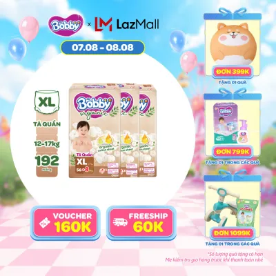 [20g 7-10.8 QUÀ TO][COMBO 3] [TẶNG KÈM 8 MIẾNG] Tã quần cao cấp Bobby Organic chăm sóc dịu nhẹ từ thiên nhiên XL56