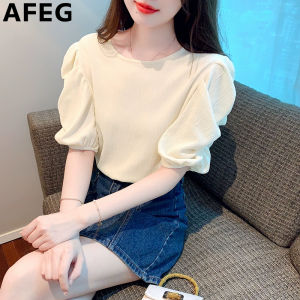 AFEG solid color Korean version crewneck fashion loose temperament chiffon bubble sleeve blouse for women