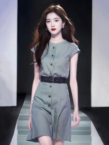 Elegant Fashionable Slimming Short Sleeve round Neck Dress Womens Summer New Style Dress Polyester Fiber A-Line Skirt