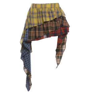 High Waist Asymmetrical Plaid Slimming Short Skirt for Women Vintage Style Polyester Fabric A-Line Silhouette Mini Skirt