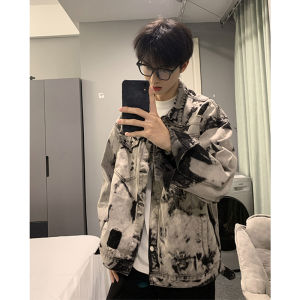 American Dyed Jeans Jacket Mens Spring Autumn Loose Workwear Jacket Youth Fashion Casual Outerwear Long Sleeve Button up