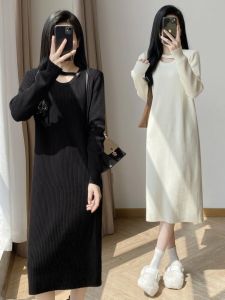 Autumn Winter Knitted Dress Hollow out Long Sleeve round Neck mid Length over Knee Loose Waist Style Korean Fashion Straight Tube Dress