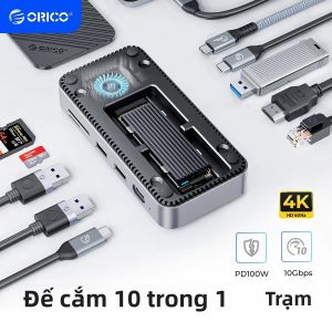 Hub USB C ORICO Tích Hợp Quạt Làm Mát Tốc Độ 10Gbps Hỗ Trợ HDMI 4K 60Hz RJ45 Khe Đọc Thẻ Nhớ SD/TF Ổ Cứng M.2 NVMe SATA Vỏ Bảo Vệ Và Dock Kết Nối Ngoài