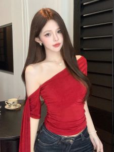 GUZILIAN | Áo thun tay ngắn ôm vừa vặn kiểu Pháp gợi cảm mùa hè cho nữ Áo lót bó sát bên trong Áo thun cổ tròn màu trơn