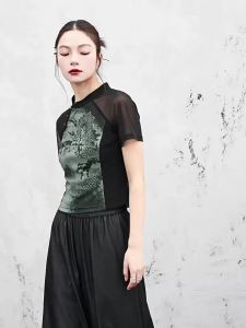 New Chinese Style Black and Green Contrasting T-shirt