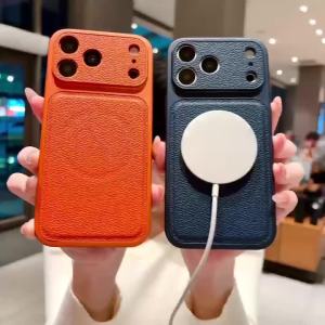 Fashion Matte Leather Large Window For Magsafe Magnetic Phone Case For iPhone 17 16 Plus 15 14 13 Pro Max Shockproof Armor Cover