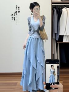 XUECAIQI | Plus Size Youthful Slimming Blue Ruffle Hem Three Piece Set