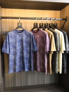 Retro American Wax Dyeing Craft round Neck Short Sleeve T-Shirt Mens Fashionable Shoulder Slouchy Cotton Urban Style Summer Top