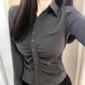 plus Size Womens Deep Grey Long Sleeve Shirt Slimming Waist Design Korean Style Office Commute Pure Color Button up Top
