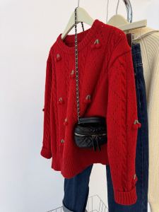 เสื้อสเวตเตอร์ถักสีแดงสไตล์ย้อนยุคสำหรับผู้หญิง เสื้อชั้นในฤดูใบไม้ร่วง/ฤดูหนาว เสื้อคลุมกันหนาวแบบสวมหัวเนื้อนุ่ม สวมใส่สบาย เสื้อคลุมกันหนาวแบบหนา