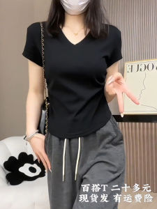 Không Đều Cổ Chữ V Áo Thun Nữ Tay Ngắn Nữ Mùa Hè Kích Thước Lớn Plus Kích Thước Mỏng Phù Hợp Với Eo Ẩn Bụng Giảm Béo Nguyên Chất Desire Ngắn hàng Đầu