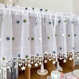 สีขาวผ้าม่านสั้นปัก Star FringeElegant Tiered Valance สําหรับห้องนอนตกแต่งห้องครัวBoho Cafe หน้าต่าง
