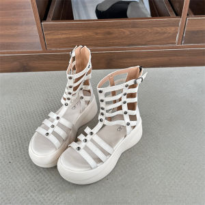 Roman Style High Top Thick Heel Sandals for Women Nail Head Detailing Hollow out Fashionable Boots Open Toe Zipper Closure