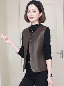Chinese Style Womens Genuine Leather Vest Outerwear round Neck Sleeveless Hanling Sheepskin Fashionable Versatile Short Coat