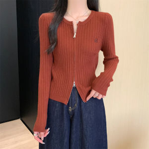 เสื้อคาร์ดิแกนถักแขนยาวสไตล์เกาหลีสำหรับผู้หญิง คอตั้ง สไตล์ฤดูใบไม้ร่วงและฤดูหนาว ดีไซน์ซิปคู่ เสื้อคลุมกันหนาวแบบสวมหัว