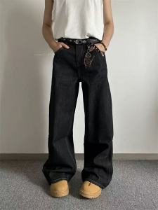 American Retro Black Wide Leg Mens Jeans Trendy Loose Straight Floor-Length Pants Cleanfit Long Trousers Versatile Casual Jeans