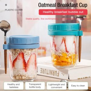 Uliekhy 350ml Overnight Oats Glass Cup Oatmeal Jars Breakfast Coffee Cup with Lid Spoon Portable Sealed Glass Mason Jars Milk Oatmeal Cup Water Bottle Drinkware Mugs