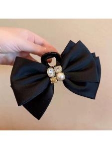 Elegant Black Satin Hair Clip with Butterfly Knot for Women Diamond Embedded Fresh out Shark Tail Clip Korean Style Hair Accessories