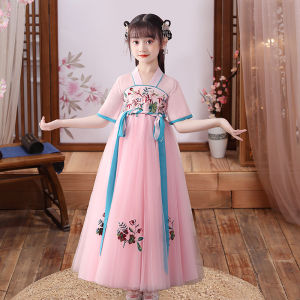 Princess Style Childrens Qipao Dress Summer New Arrival Girls Hanfu Skirt Short Sleeve Floral Print Polyester Fabric Dress