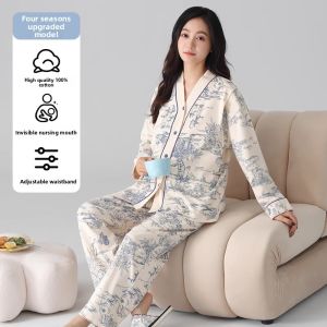 Miiow | Pure Cotton Maternity Sleepwear Womens Spring Autumn New Style Home Clothes Feeding Chest Pad Long Pants V-neck Button Front