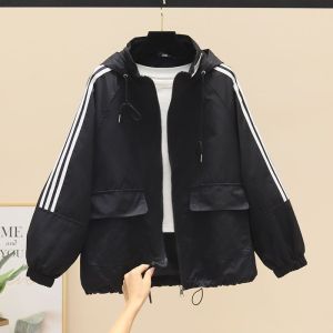 Womens Spring Autumn New Korean Style Hooded Jacket Large Pocket Workwear Fashion Loose Windbreaker Top Cotton Material