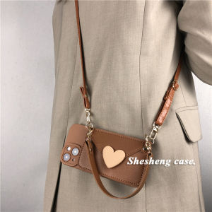 Cafe Milk Heart Shaped Silicone Wallet Crossbody Phone Case for Apple iPhone 16 15 pro Max 12 11 pro 13 pro XS Max 8 plus 14 Full Cover 7P