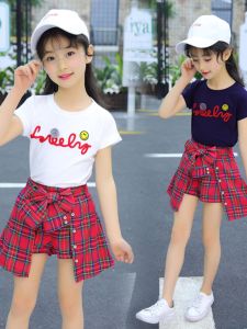 Girls Summer Outfit Plaid Short Sleeve Two-Piece Set Childrens Clothing Cotton Blend Comfortable Breathable Skirt Pants Set