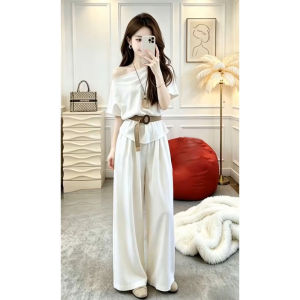 SENWA | White Off-Shoulder Summer Womens Top and Wide-leg Pants Set
