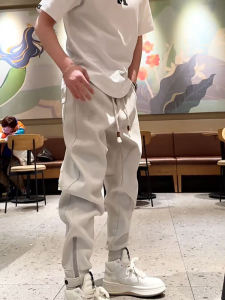 Spring Autumn Mens Loose Fit Casual Pants Zipper Design Cuffed Sweatpants Trendy Brand Elastic Waistband Straight Leg Trousers